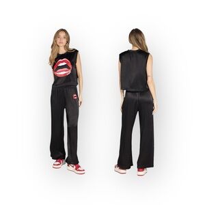 new Lauren Moshi ᨎ Lips Gap Mouth Patch Satiny Side Stripe Joggers Sweatpants ᨎ